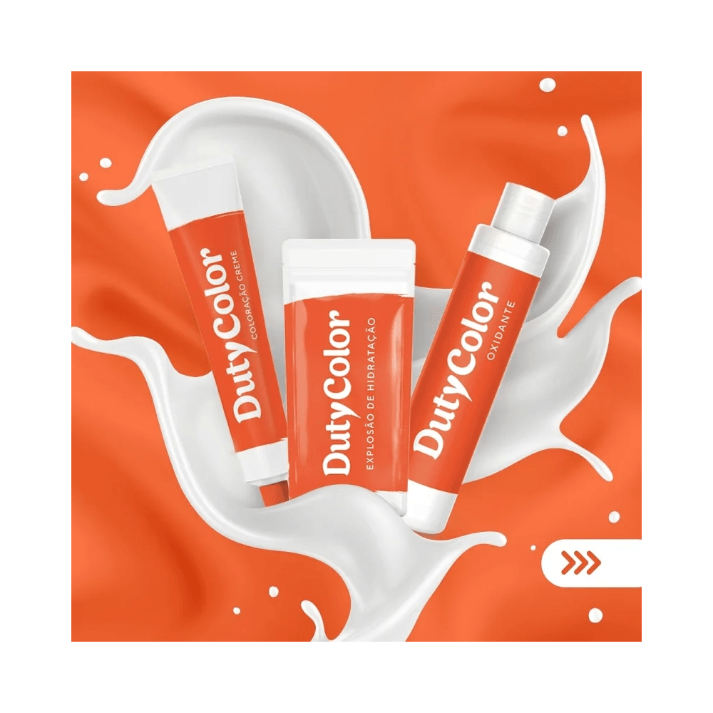 Kit DutyColor com coloração creme, explosão de hidratação e oxidante sobre fundo laranja