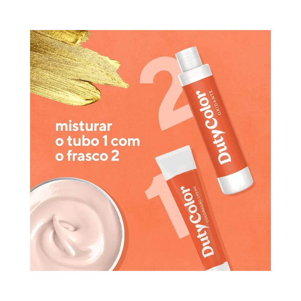 Tubo de coloração e frasco de oxidante DutyColor indicando mistura 1+2