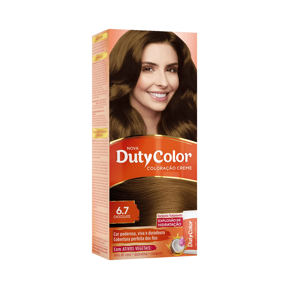 Embalagem DutyColor 6.7 Chocolate com modelo mostrando cor castanho brilhante