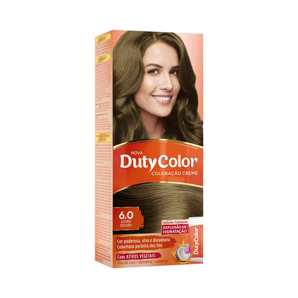 Embalagem frontal Coloração DutyColor 6.0 Louro Escuro com destaque para cor vibrante e ativos nutritivos