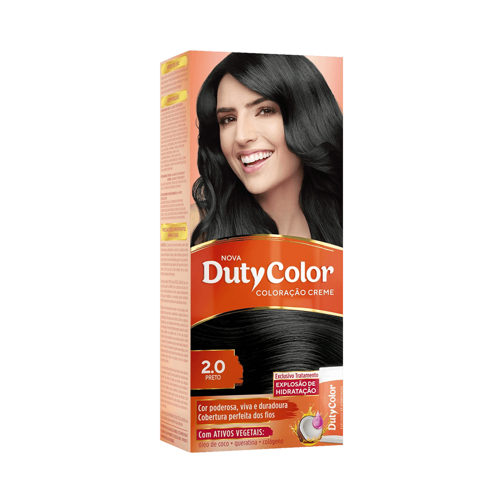 Embalagem da coloração DutyColor 2.0 Preto com destaque para resultado preto intenso e ativos vegetais