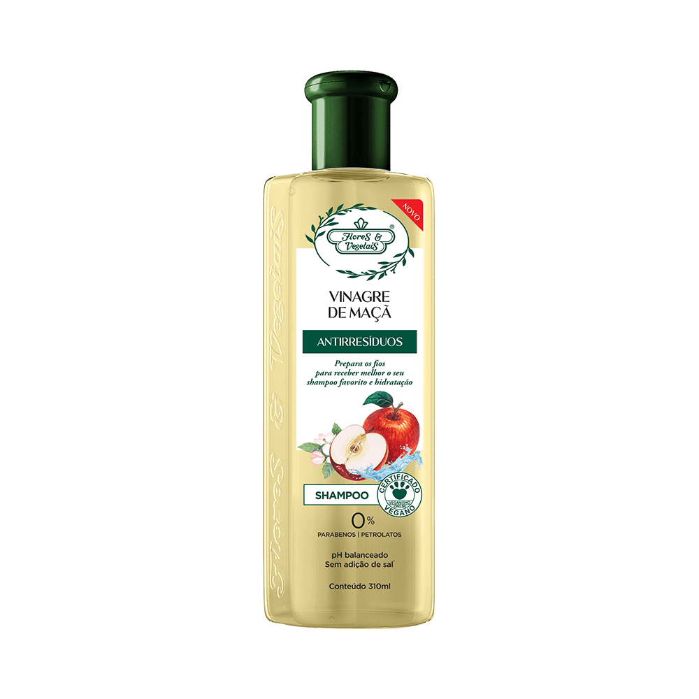 Shampoo Flores & Vegetais Vinagre de Maçã Antirresíduos 310ml - frasco transparente