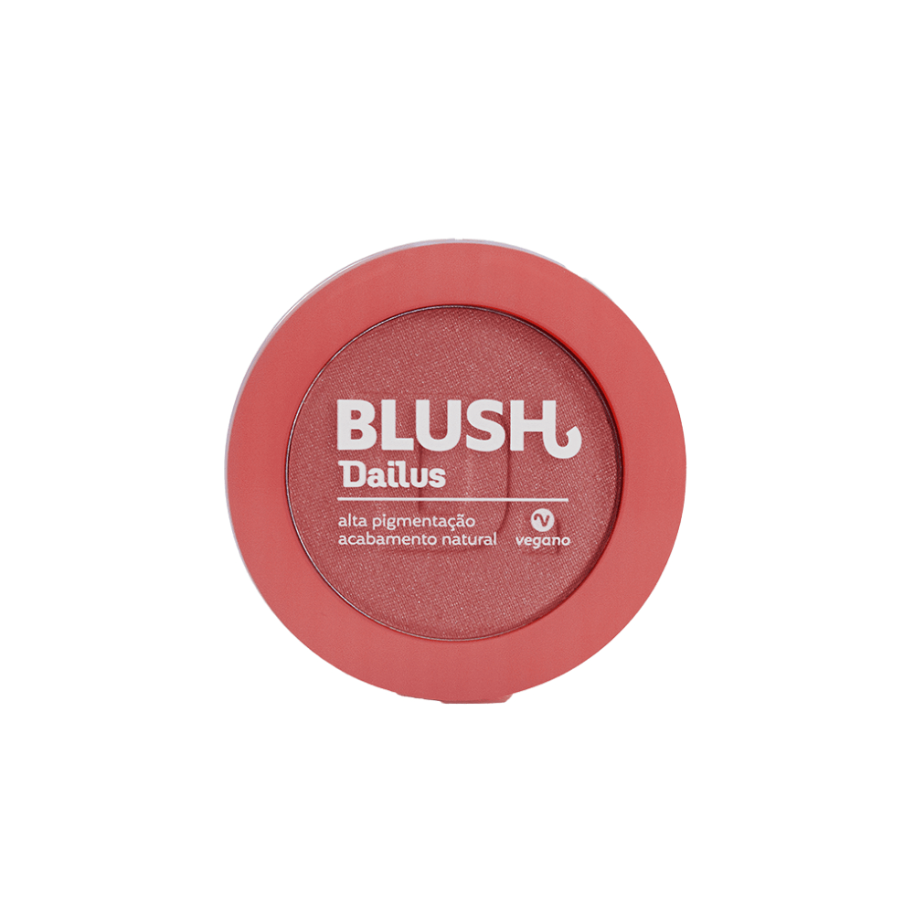 Blush Dailus fechado na embalagem coral com tampa transparente destacando o design compacto
