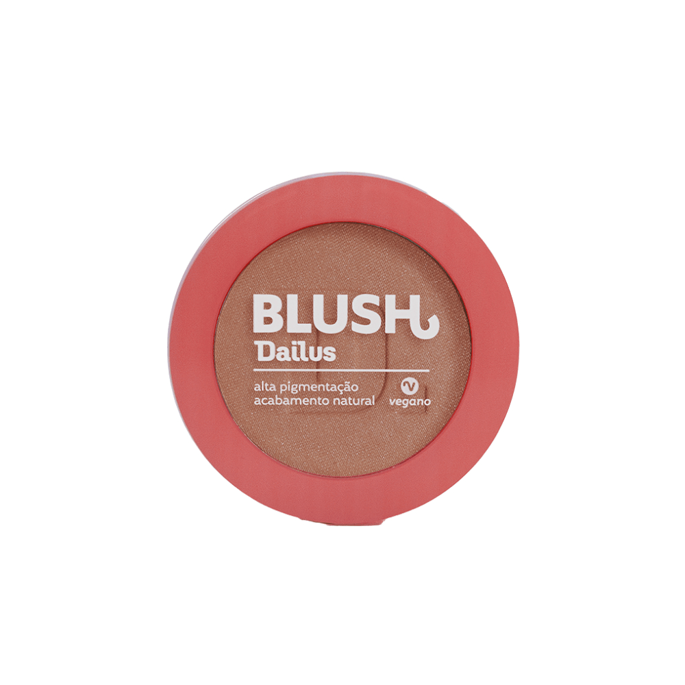 Blush Dailus Tô Bege fechado mostrando a tampa transparente e símbolo vegano