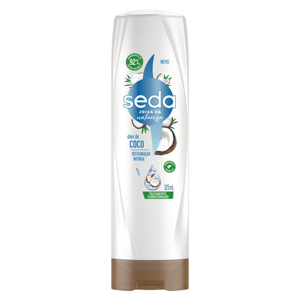 Condicionador Seda Bomba Coco 325ml destacando restauração intensa e selo natural
