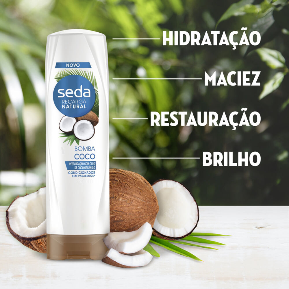 Condicionador Seda Bomba Coco com cocos e folhas, destacando hidratação e ingredientes naturais