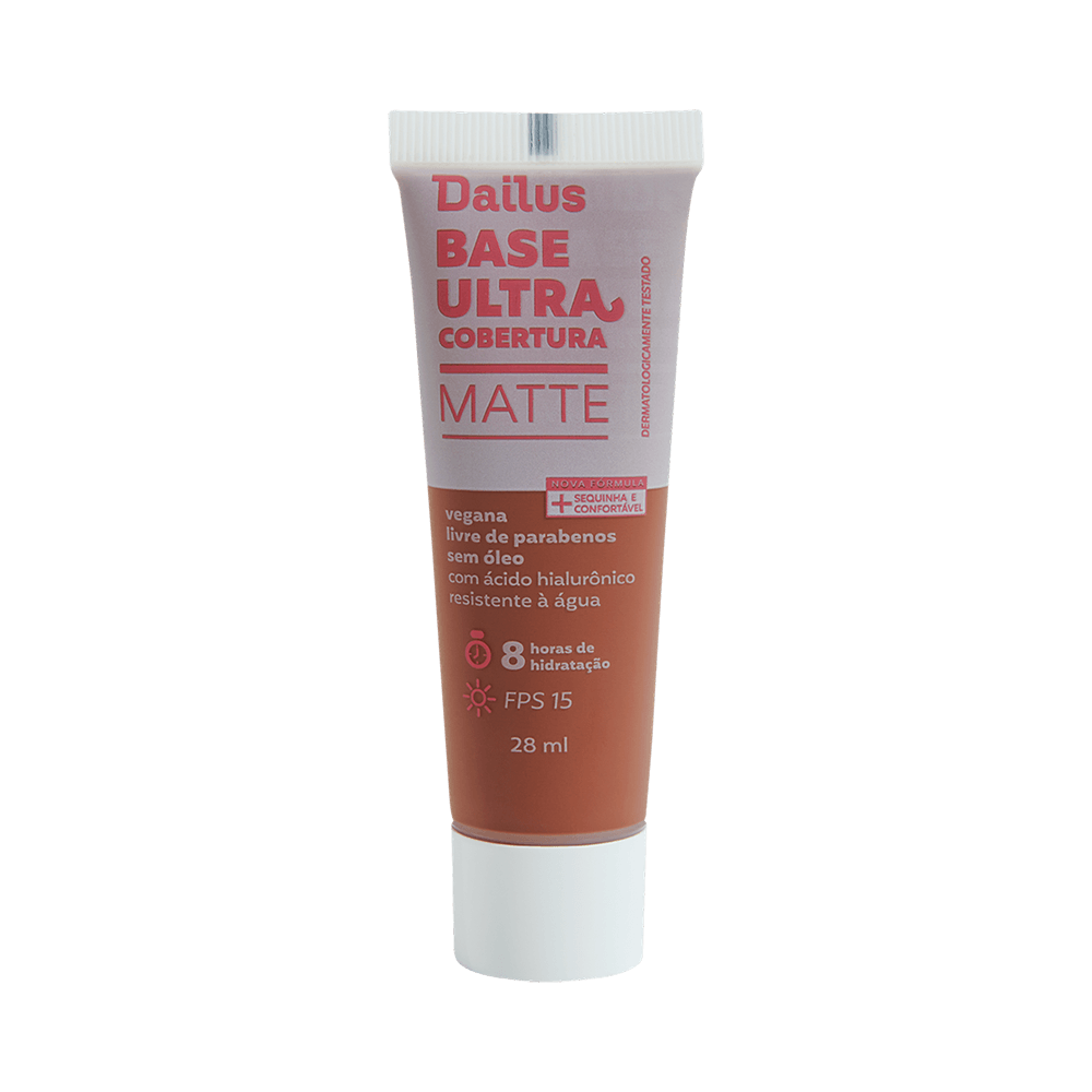 Tubo da Base Líquida Dailus com tampa branca e visor transparente mostrando a cor