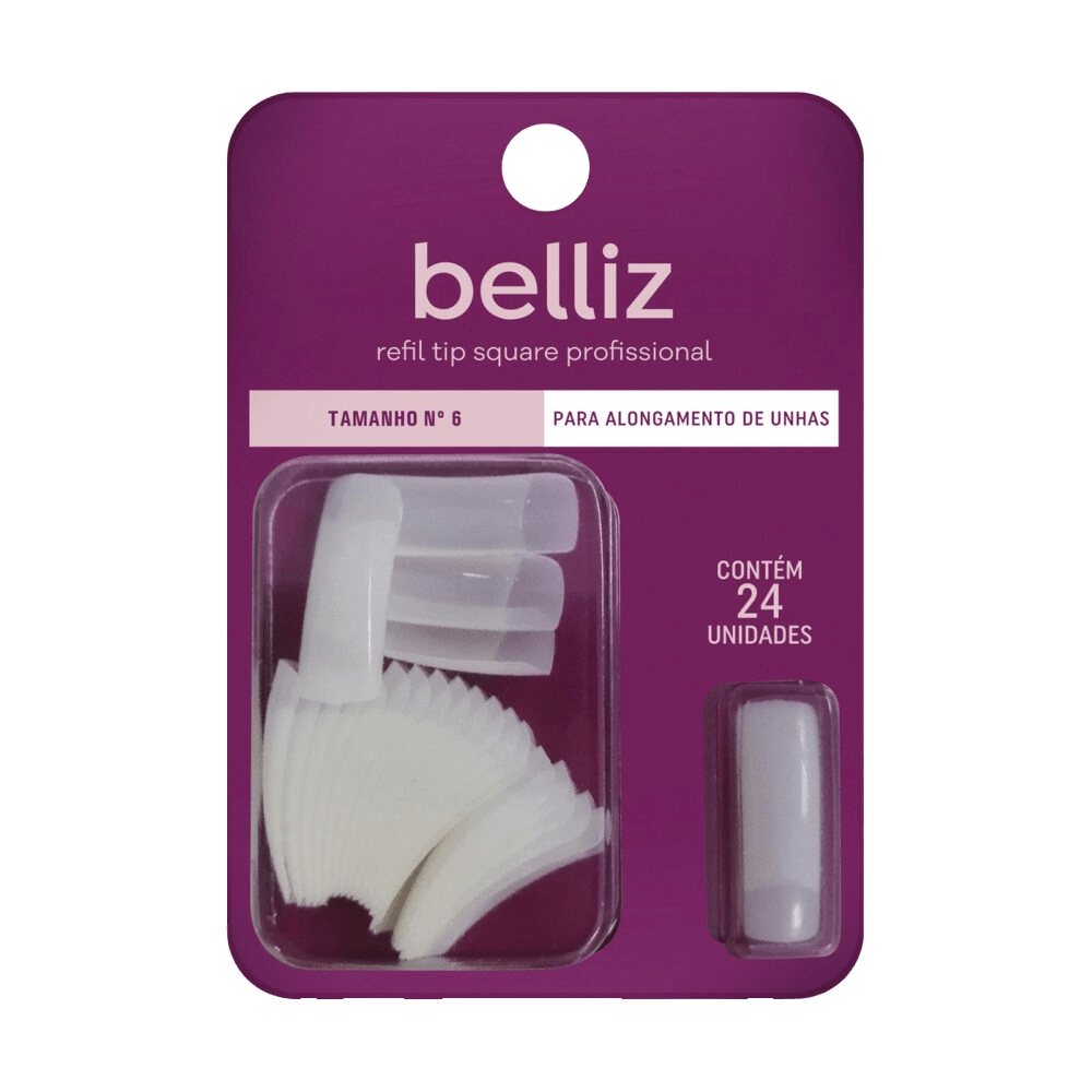 Embalagem frontal Unhas Postiças Belliz Refil Tip Square Tamanho 6