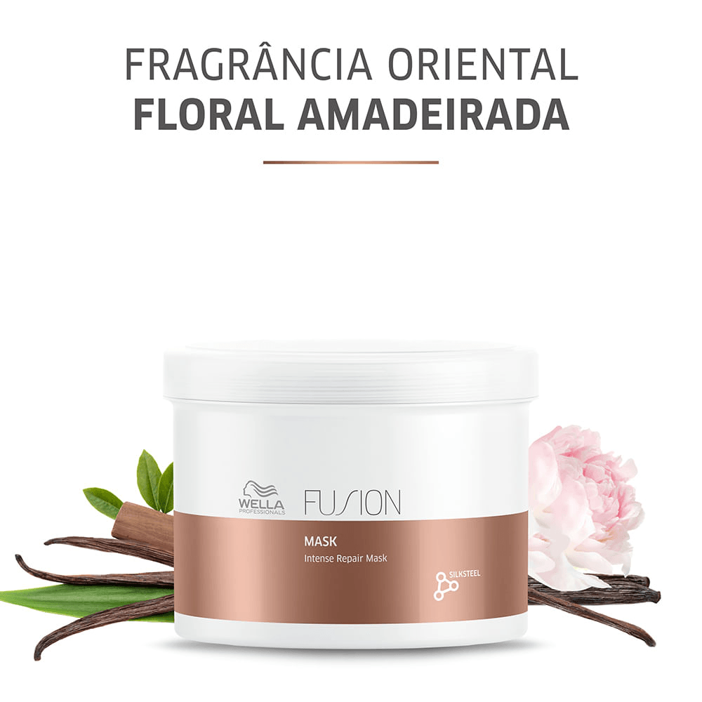 Embalagem Wella Fusion 500ml com elementos de ingredientes naturais ao redor