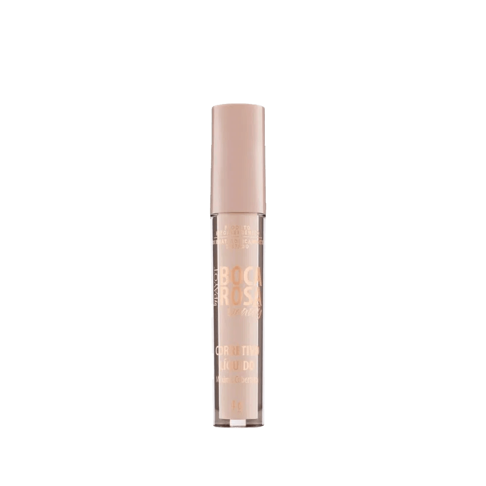Frasco transparente do corretivo Boca Rosa Beauty com texto dourado e tampa bege