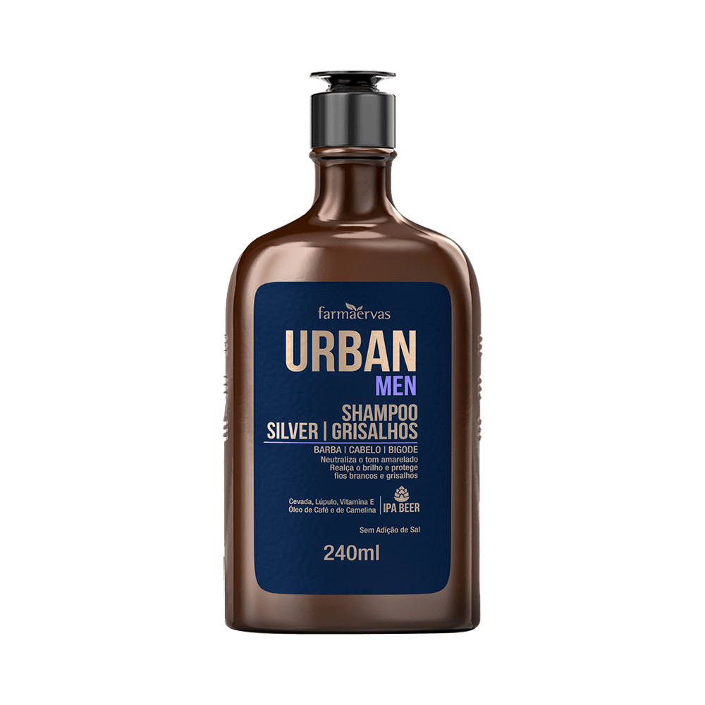 Frasco marrom do Shampoo Farmaervas Urban Men Silver Grisalhos 240ml