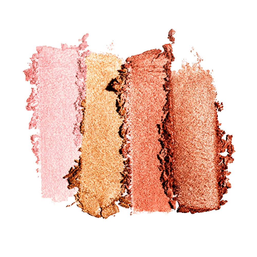 Swatches da paleta mostrando pigmentação e acabamento metálico