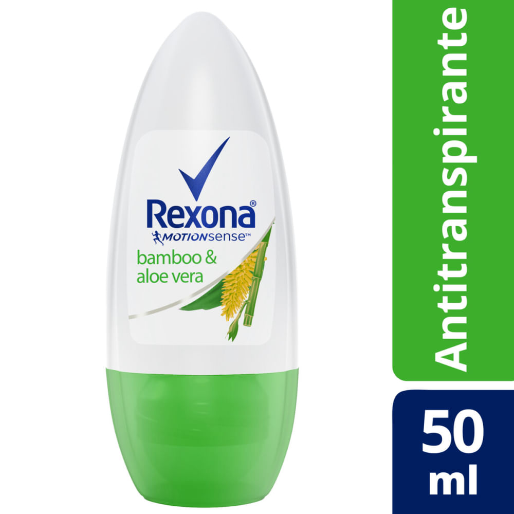 Frontal da embalagem do desodorante Rexona Roll-on Bamboo & Aloe Vera 50 ml