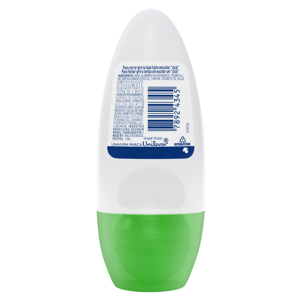 Verso da embalagem com informações e ingredientes do desodorante Rexona 50 ml
