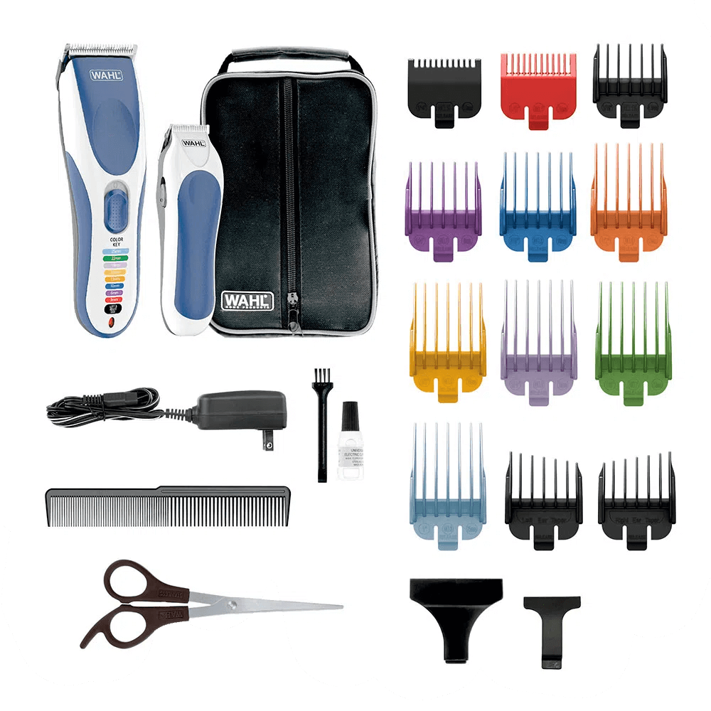Itens do kit Wahl Color Pro: máquinas, pentes coloridos, bolsa, carregador e acessórios