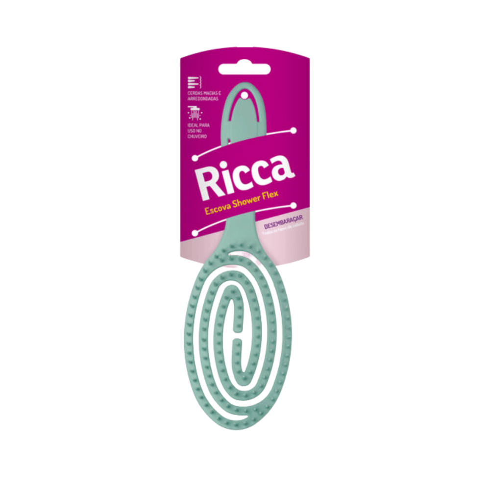 Escova Ricca Shower Flex turquesa embalada em cartão demonstrando cerdas e design