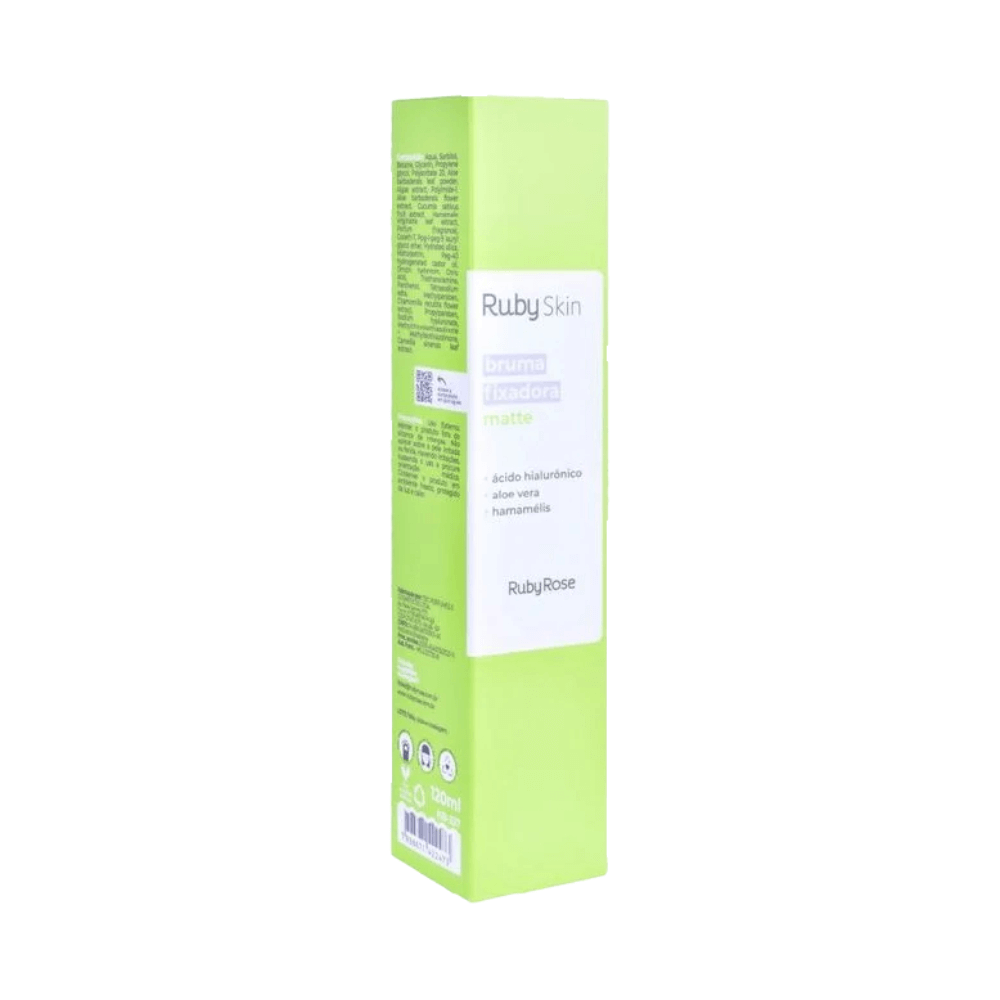 Vista lateral da embalagem da Bruma Facial Fixadora Ruby Rose Matte Basics 120ml mostrando rótulo e ingredientes