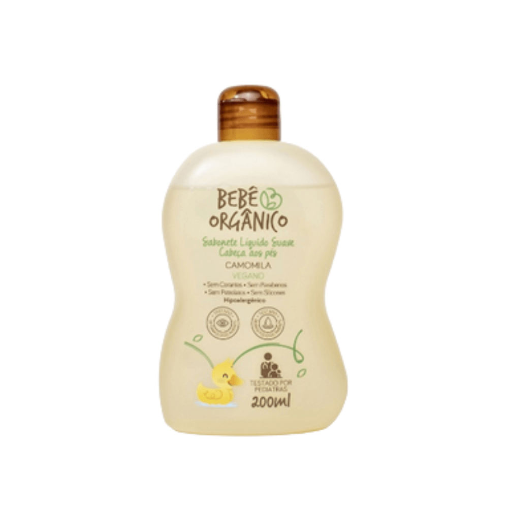 Frasco de Sabonete Líquido Suave Bebê Orgânico 200ml com rótulo e ilustração de patinho