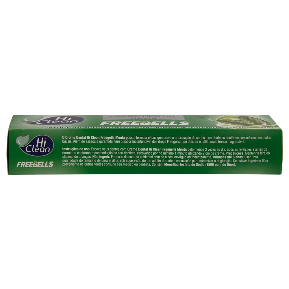Lateral da caixa com informações técnicas do Creme Dental Hi Clean Freegells Menta 90g