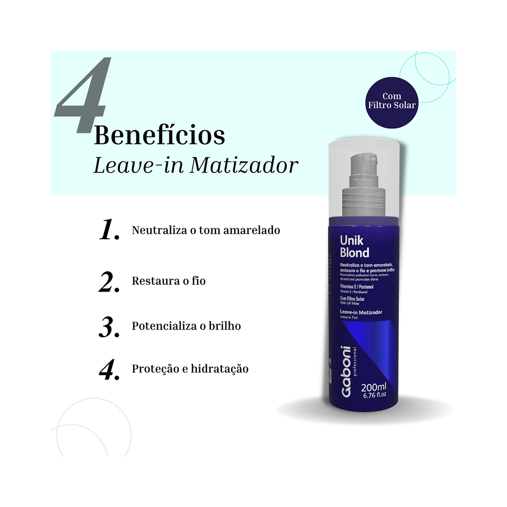 Imagem promocional do Leave-in Gaboni mostrando benefícios e destaque para filtro solar