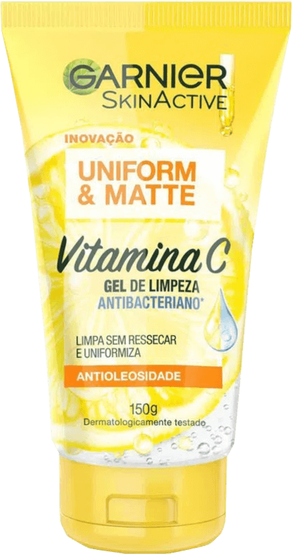 Gel de Limpeza Garnier Uniform & Matte Vitamina C 150g - tubo frontal amarelo