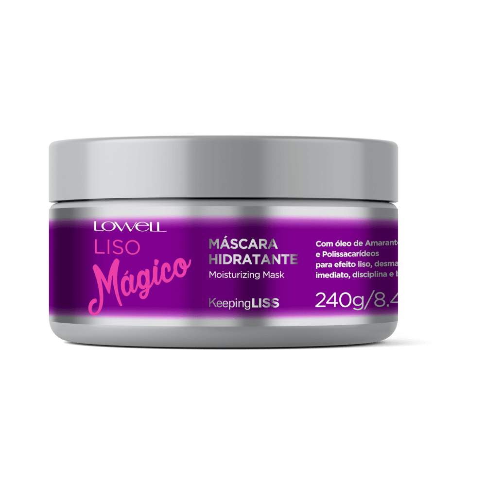Máscara Hidratação Lowell Liso Mágico 240g - pote prateado com rótulo roxo