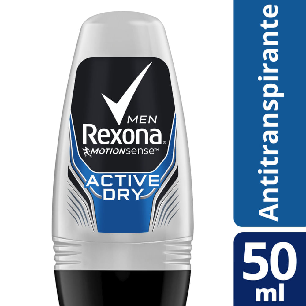 Detalhe do rótulo Rexona Active Dry destacando MotionSense e fórmula sem álcool