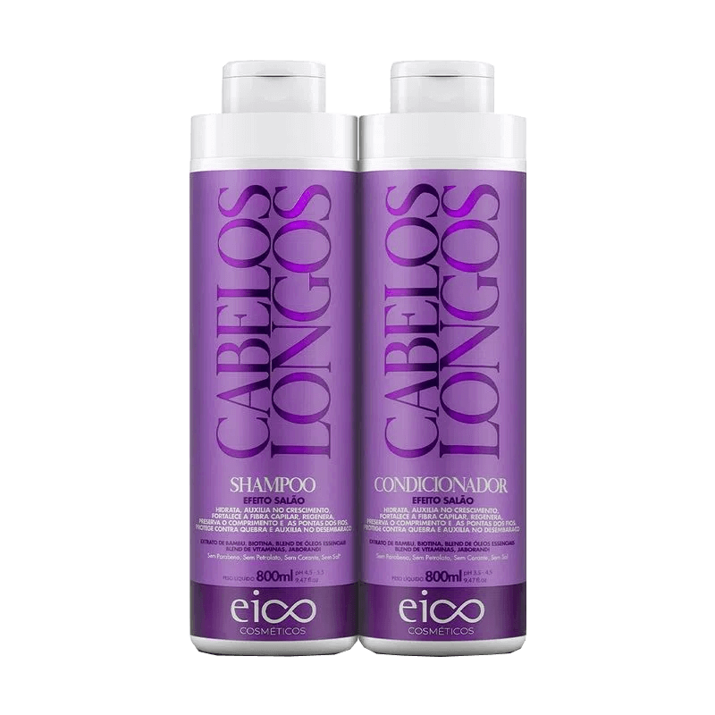 Kit Eico Shampoo e Condicionador Cabelos Longos 800ml - frascos roxos com tampa branca
