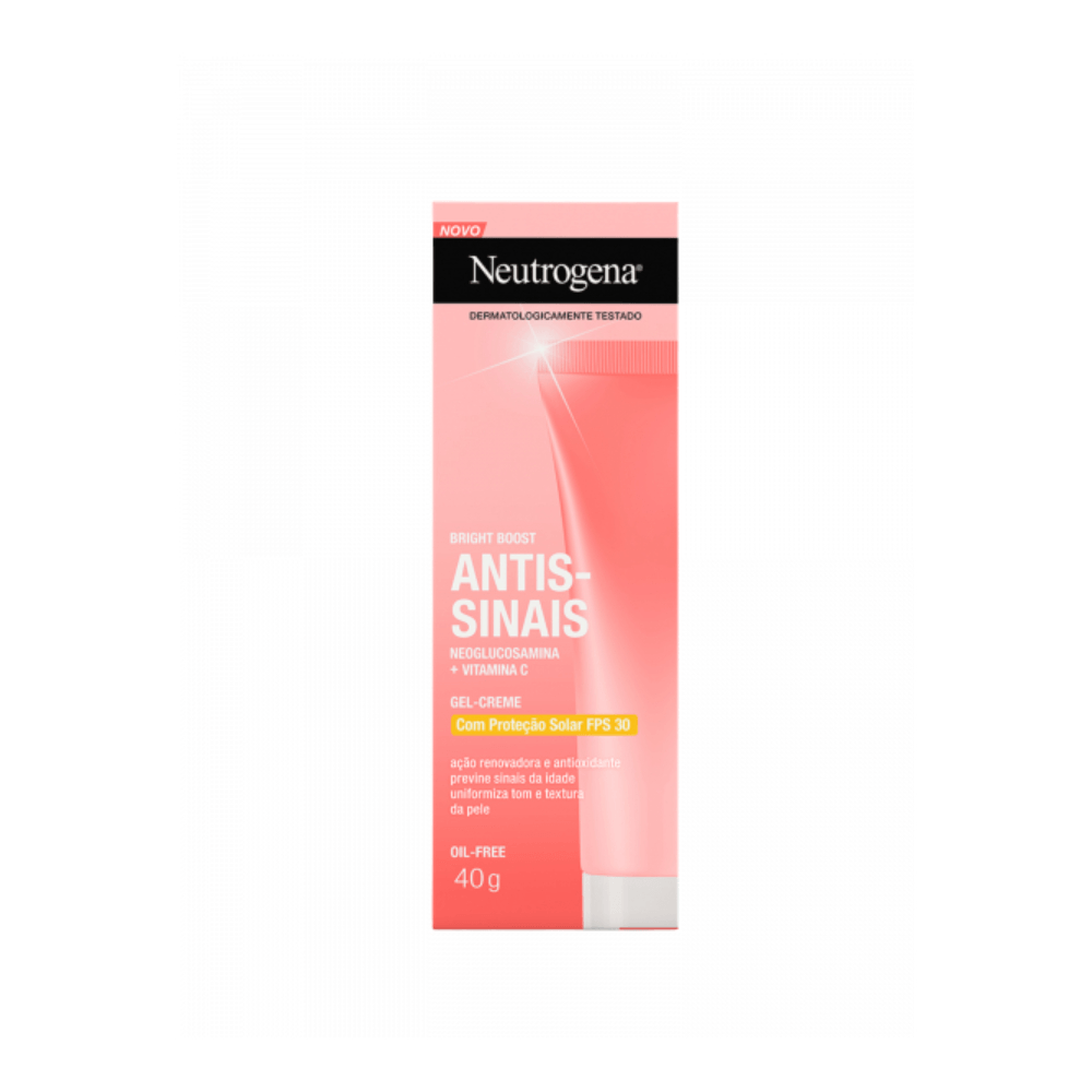 Embalagem e caixa do Neutrogena Bright Boost mostrando benefícios e FPS 30