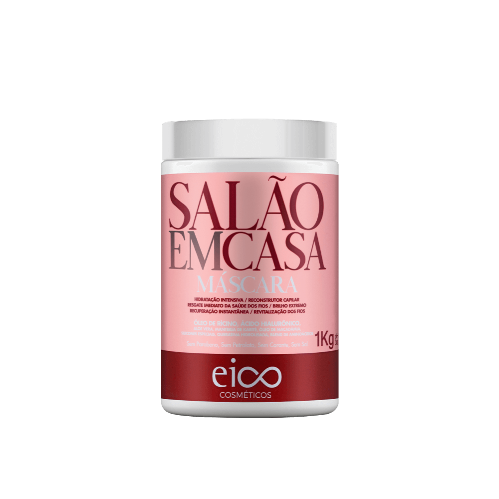 Pote da Máscara Eico Salão Em Casa 1kg com rótulo rosa e descrição do produto