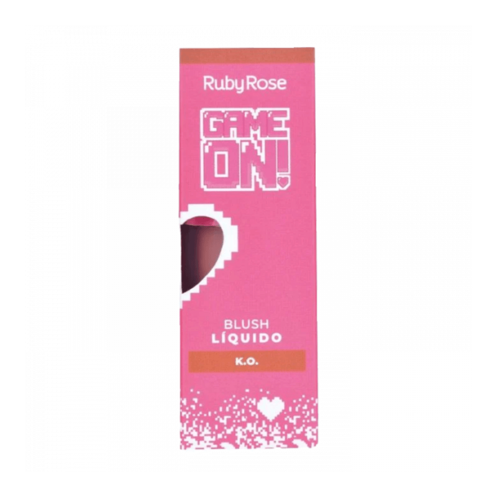 Caixa do Blush Líquido Ruby Rose Game On K.O em rosa vibrante com recorte em coração mostrando o produto