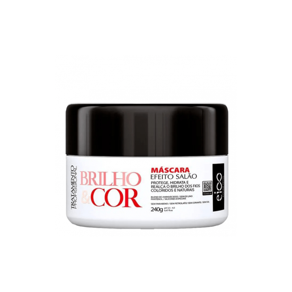 Máscara Eico Brilho e Cor 240g - pote branco com tampa preta, destaque em vermelho 'Brilho & Cor'