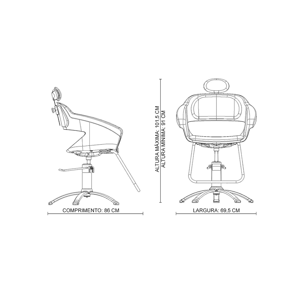 Esquema técnico da Cadeira Primma II Black com dimensões e vista lateral e frontal