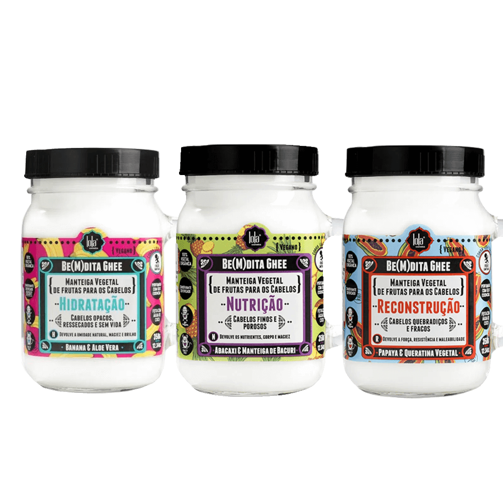 Kit Manteiga Lola Be(M)Dita Ghee Cronograma Capilar 350g 3 Unidades - três potes com rótulos coloridos