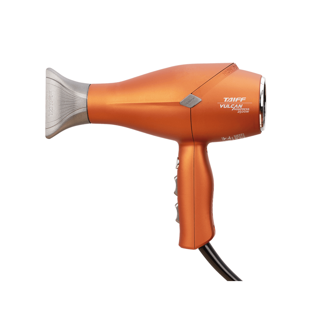 Secador Taiff Vulcan Kompress 2500W laranja metálico, vista lateral com bico concentrador