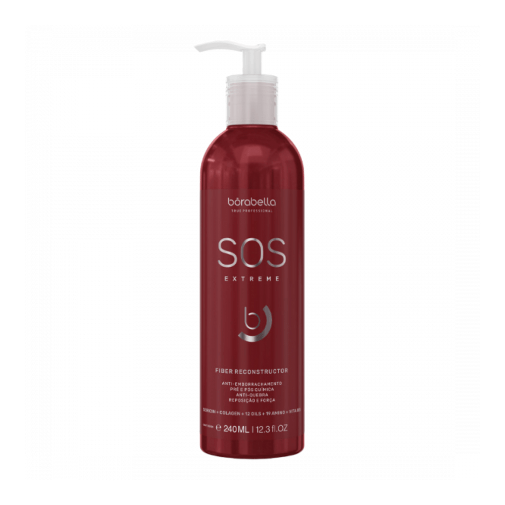 Frasco vermelho do Reconstrutor Borabella SOS Extreme 240ml com pump, frente do produto
