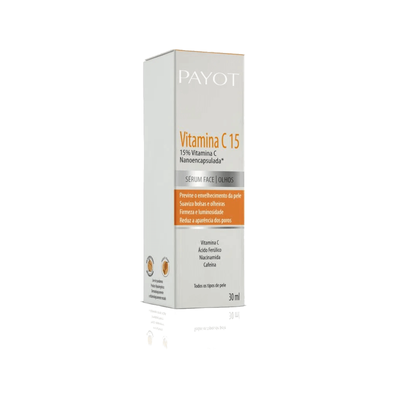 Embalagem externa do Sérum Payot Vitamina C15 30ml mostrando caixa branca com detalhes em laranja