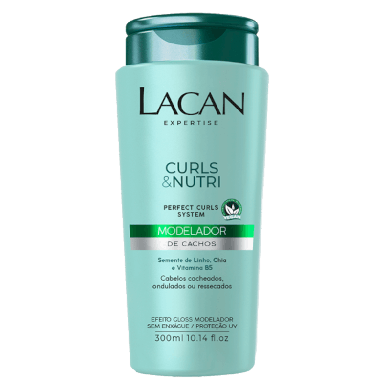 Frontal do frasco verde-água do modelador de cachos Lacan Curls & Nutri 300ml
