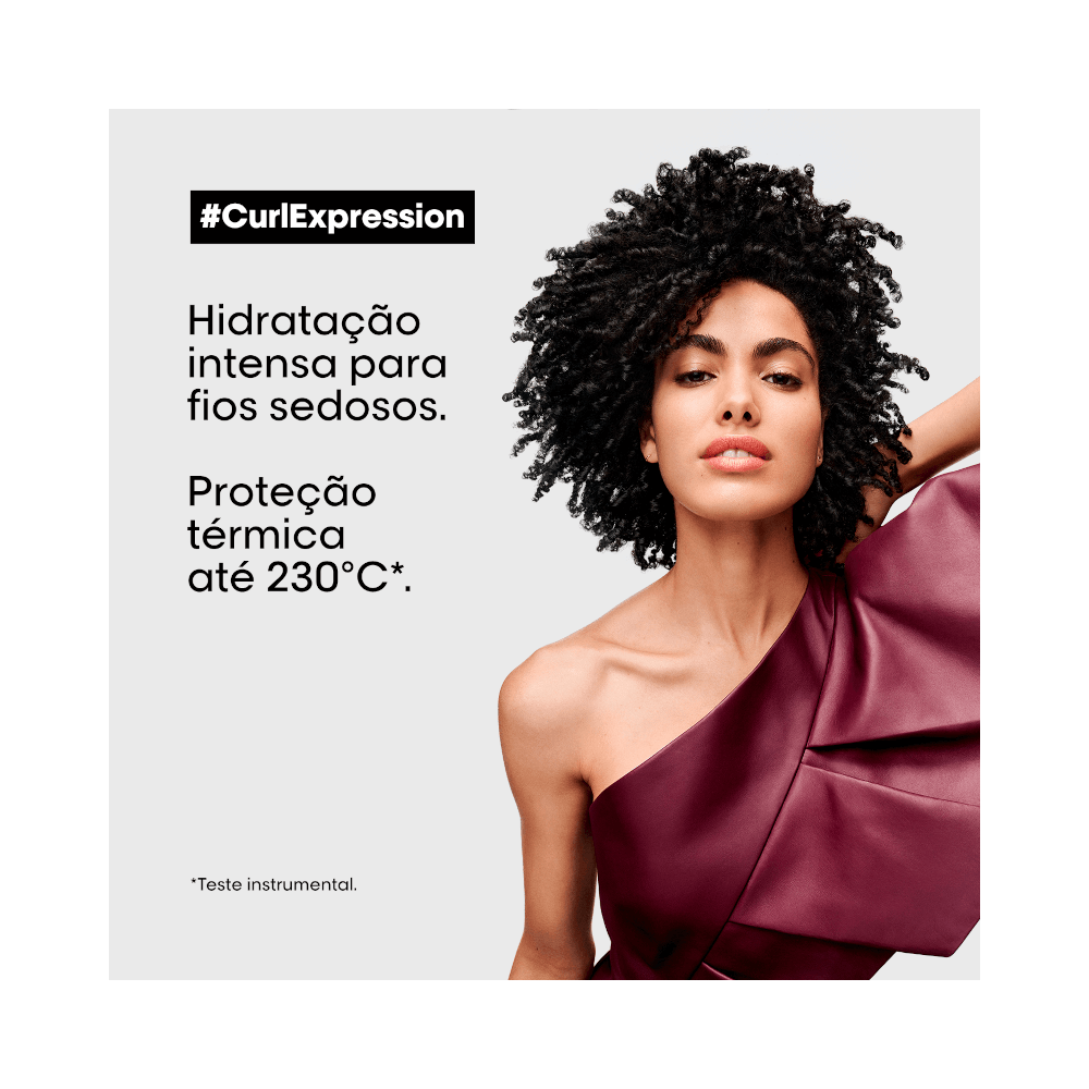 Imagem promocional com modelo de cabelo cacheado e informações do produto