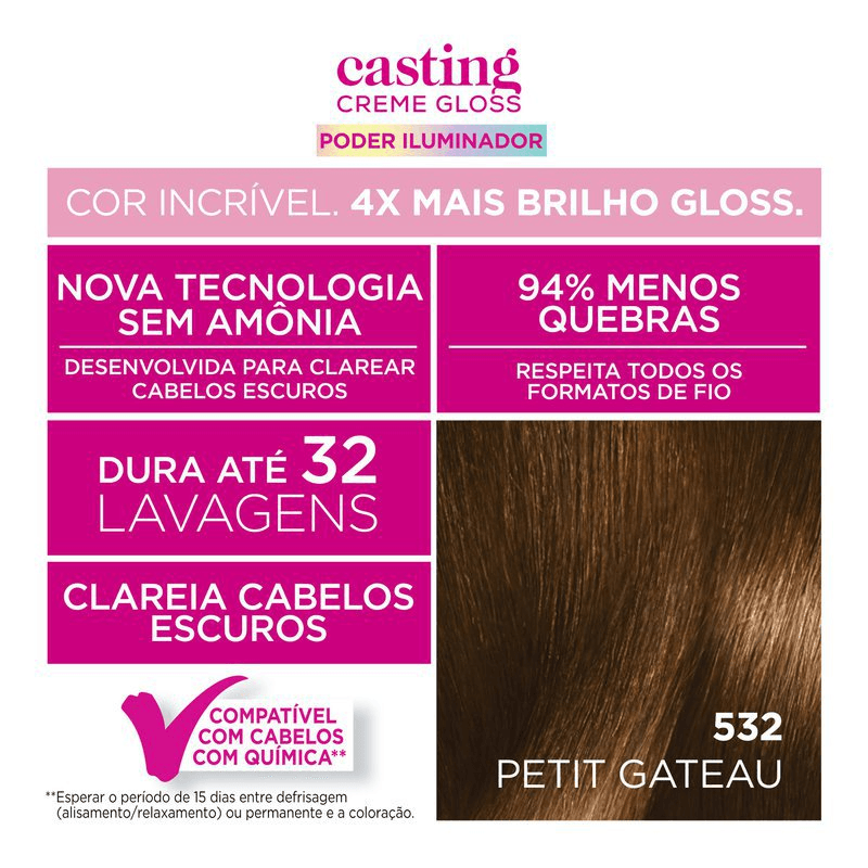Detalhes técnicos e benefícios da coloração Casting Creme Gloss 532