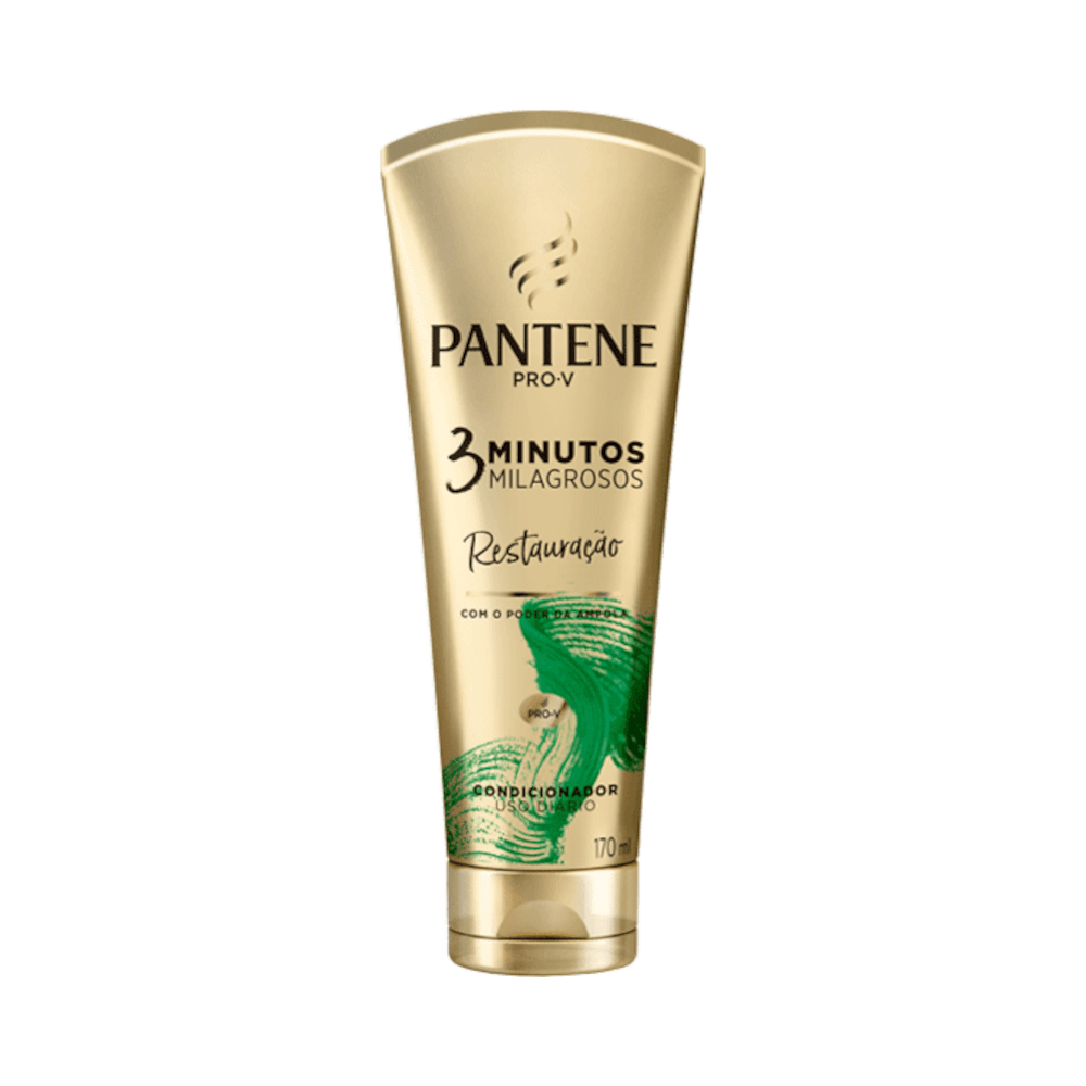 Condicionador Pantene 3 Minutos Milagrosos Restauração 170ml em embalagem dourada com detalhes verdes