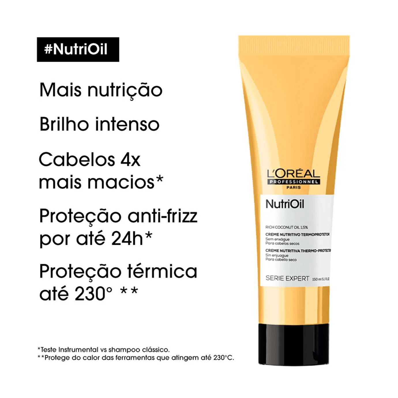 Leave-in NutriOil 150ml destacando nutrição, brilho e proteção térmica