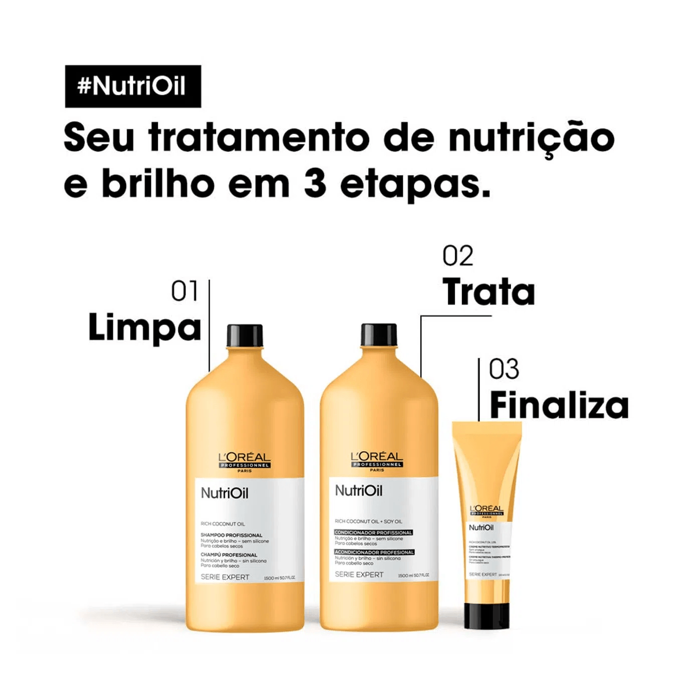 Produtos NutriOil mostrando shampoo, condicionador e creme de tratamento