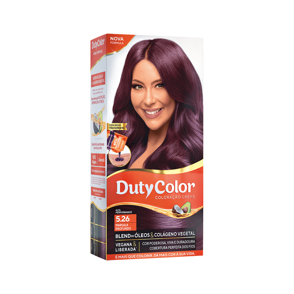 Embalagem da coloração DutyColor 5.26 Marsala com destaque para nova fórmula
