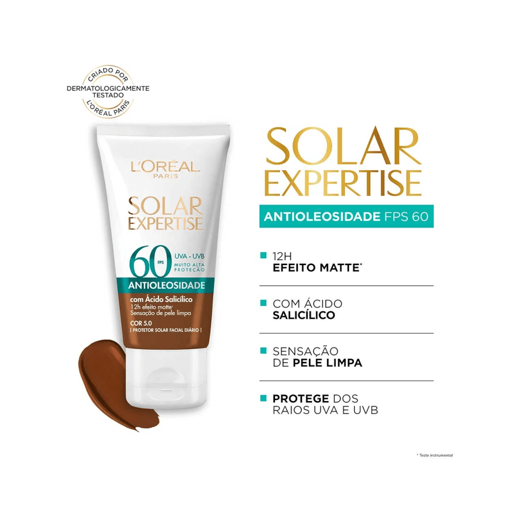 Protetor solar L'Oréal Paris com destaque para atributos: FPS 60, ácido salicílico e efeito matte