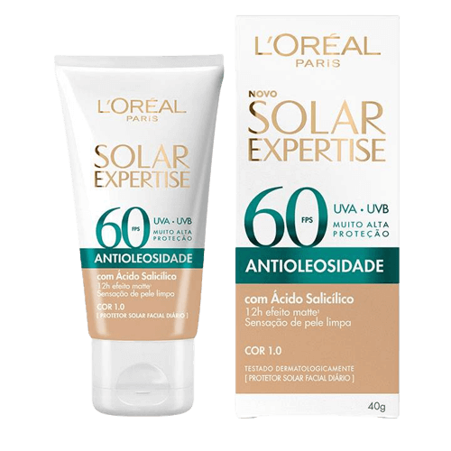 Tubo de protetor solar facial L'Oréal Paris com destaque para fórmula oil-free