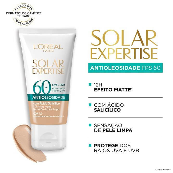 Detalhe da textura e embalagem do protetor solar L'Oréal Paris
