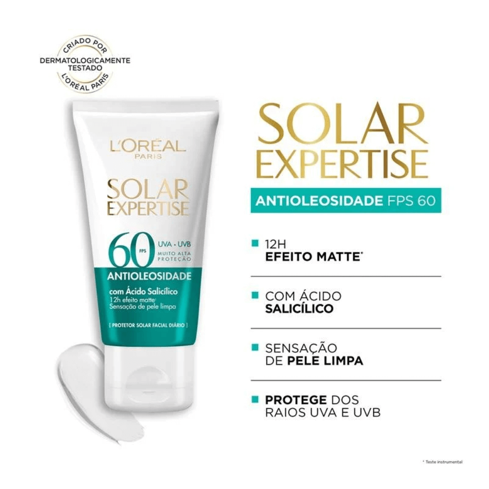 Imagem do protetor solar L'Oréal Paris mostrando destaque FPS 60 e efeito matte
