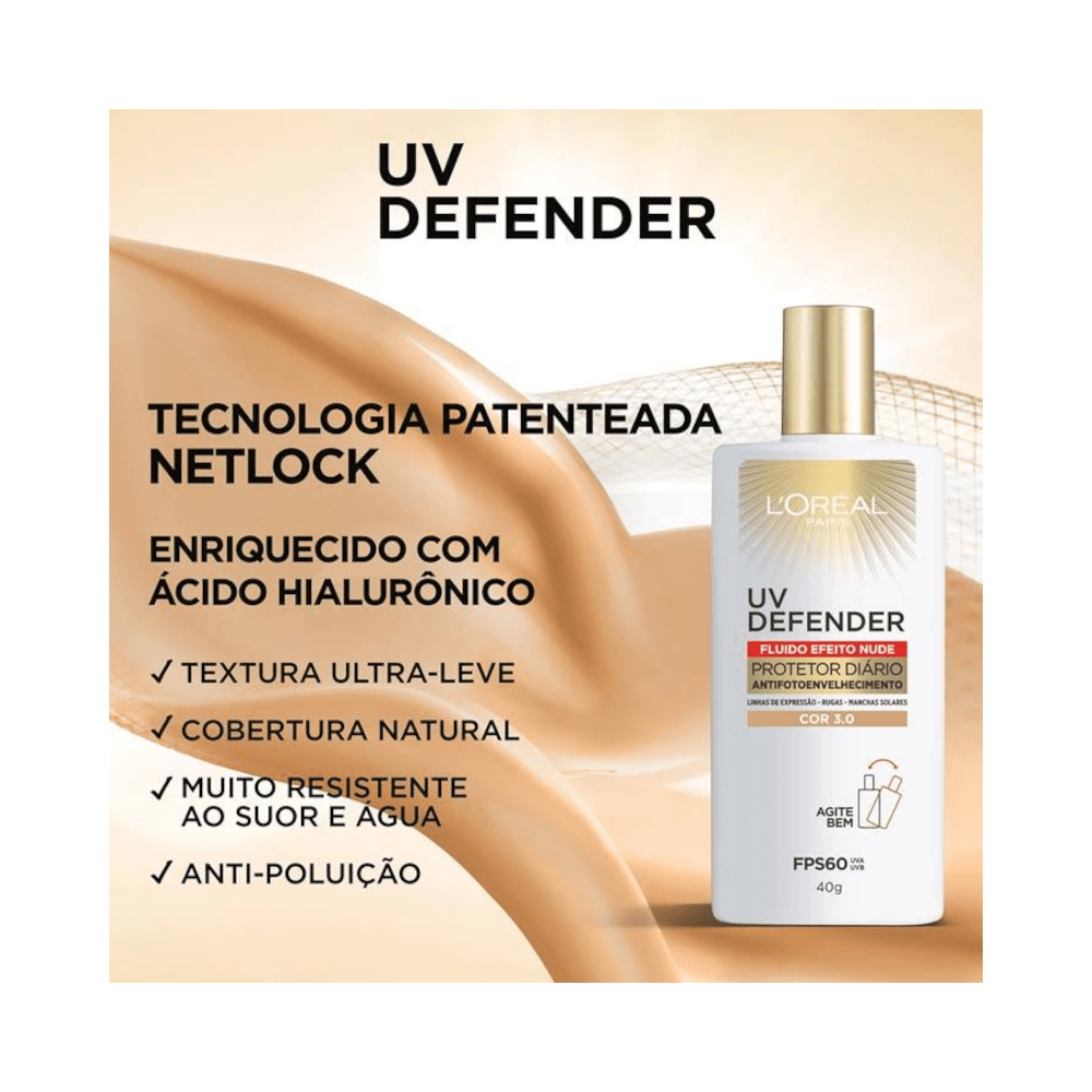 Imagem promocional L'Oréal Paris UV Defender fluido FPS 60 com destaque para tecnologia e benefícios