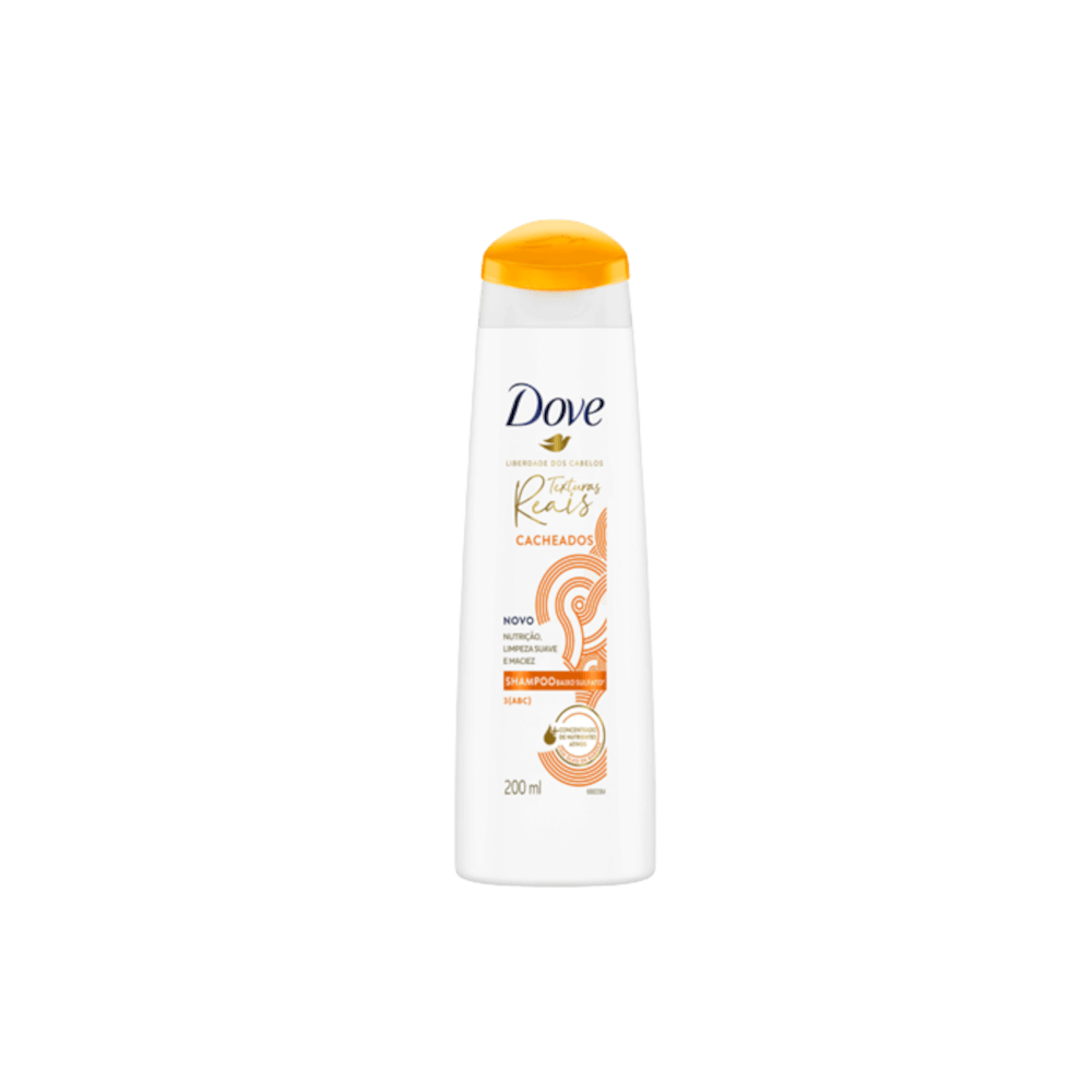 Shampoo Dove Texturas Reais Cacheados 200ml - frontal da embalagem branca com detalhes laranja